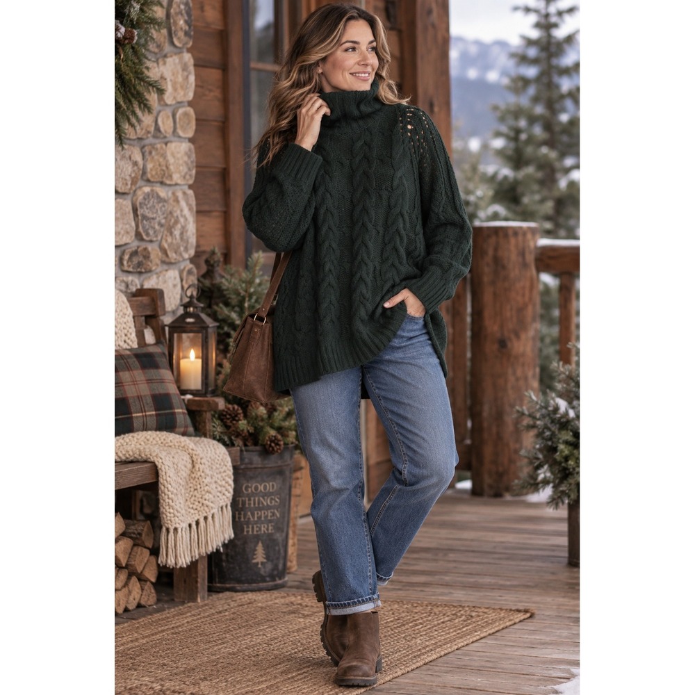 J. Jill Women's Chunky Cable Knit Turtleneck Pullover Sweater Dark Green Sz 2X